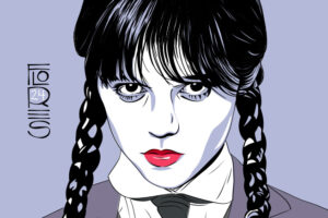 Drawing made with Adobe Fresco of Jenna Ortega as Wednesday Addams