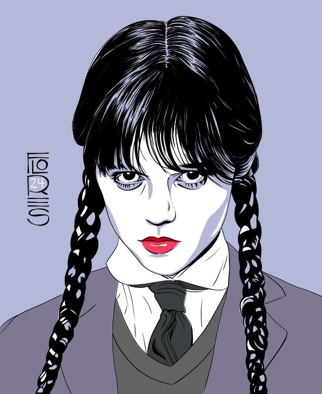 Drawing made with Adobe Fresco of Jenna Ortega as Wednesday Addams